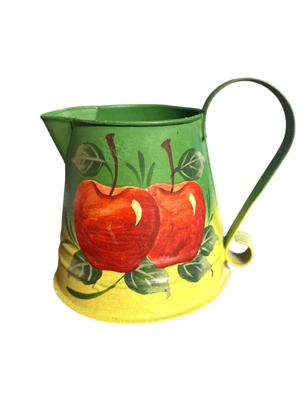 Vintage Hand-Painted Galvanized Metal Pitcher With Apple Motif Decorative Farm